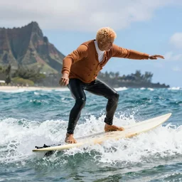 lifelike image of jar jar binks from star wars riding on a surfboard off the hawaiian coastline