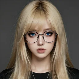 digital portrait of a beautiful adorable girlfriend with long dirty blonde hair and a fringe and dark blue eyes, wearing large round very thin - rimmed glasses, modern emo clothes, dirty blonde color very long styled hair with straight fringe and bangs, intricate, sharp focus, digital illustration, highly detailed, octane render, digital painting, matte, art by professional artist, masterpiece