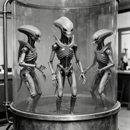 old black and white photo, 1 9 1 3, depicting biomechanical aliens inside vats, historical record