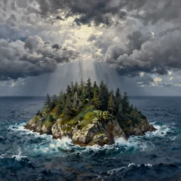 stunning landscape of the small island in the south atlantic ocean, unstable weather, intricate details, digital art by rob gonsalves, oil on canvas by ivan shishkin