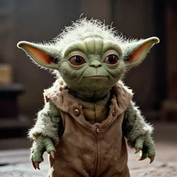A singular creature mix between Yoda and  Gollum, center frame medium shot, shot on technicolor cinemascope 35mm anamorphic lense, flare, still from a movie