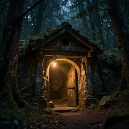 an old mine entrances lit by toches in an ancient forrest at night, Dynamic lighting, cinematic, establishing shot, extremely high detail, photo realistic, cinematic lighting, , post processed denoised, concept design, concept art, artstation, matte painting, midjourney, style by alex ross, raphael lacoste, eddie mendoza