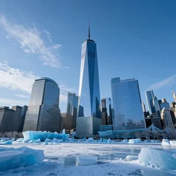 Blue ice sculpture of the New York City sky line.