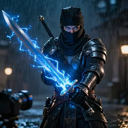 ultra realistic ninja character as a medieval knight staying in the rain with sword that glows with blue electricity shot from professional camera, rim light, rainy weather, vivid lights night time, dark mood