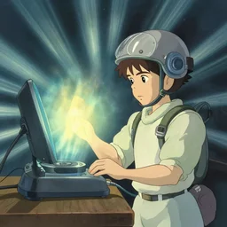 a dream machine connceted to a boy with a helmet and electric cable by vanessa morales, studio ghibli, with radial light ray