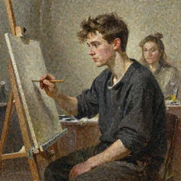 depiction of Young Colin Farrell as a Oil painter in a atelier lustration by Ruan Jia and Mandy Jurgens and William-Adolphe Bouguereau, Artgerm, 4k, digital art, surreal, space dandy style, highly detailed, godsend, artstation, digital painting, concept art, smooth, sharp focus, illustration by Ruan Jia and Mandy Jurgens and William-Adolphe Bouguereau
