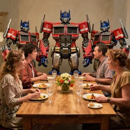 a table dinner of transformers robots where robots are dressed like the characters from the midsommar movie, realistic detailed digital art by maxwell boas jessica rossier christian dimitrov anton fadeev trending on artstation cgsociety rendered in unreal engine 4 k hq