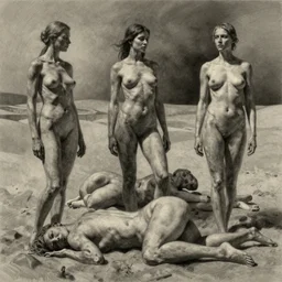 charcoal drawing of a female anatomy bodies in a desert wayne barlowe and beksinski