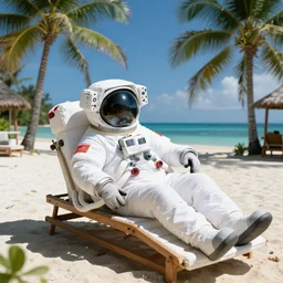 an astronaut lounging in a tropical resort in space