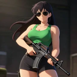 worksafe. insanely detailed. by makoto shinkai, pixiv. zbrush sculpt, octane, maya, houdini, vfx. a beautiful curvy anime girl with an athletic feminine body in a green tank top and black shorts, holding an assault rifle, confident pose, aviator classic sunglasses, long hair. cinematic dramatic atmosphere, sharp focus, volumetric lighting, illustration, high resolution, 2 d art.