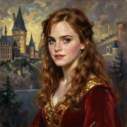 oil painting of emma watson giving seductive look wearing red and gold. hogwarts in background beautiful detailed face. by artgerm and greg rutkowski and alphonse mucha