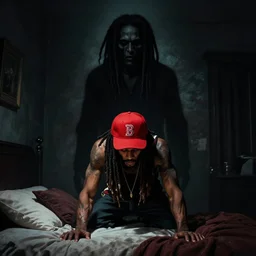 big black demon shadow figure standing behind bob marley making the bed wearing a red basketball cap, nightmare digital art, artstation, ultra detailed, beautiful aesthetic art