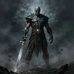 full body centered uncut character pose of evil looking he - man, mysterious - eerie - ominous, he - man is holding the power sword in his right hand, dark grey shadowy smokey eery background, direct natural lighting, cinematic, epic, ultra - detailed, sharp focus, colored illustration, artwork by artgerm and greg rutkowski and alphonse mucha