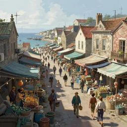 bustling fishing village coastal market street, deep focus, intricate, highly detailed, digital painting, artstation, concept art, matte, sharp focus, illustration, hearthstone, art by artgerm and greg rutkowski