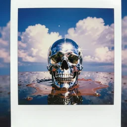 analog polaroid portrait of a chrome human skull, standing in a pool of blood, azure sky, big clouds visible, sunlight, reflection, sparkles, lensflare, film grain, 8k, color bleed