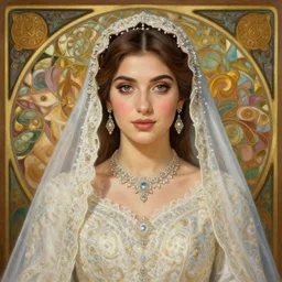 full body portrait of a beautiful Kurdish bride wearing a beautiful wedding dress, very detailed eyes, hyperrealistic, beautiful and symmetrical face, very detailed painting by Claude Monet and Alphonse Mucha, trending on artstation, extremely high detail, incredibly intricate