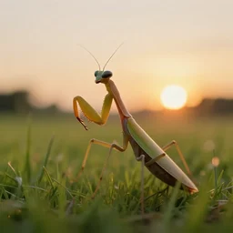 nun praying mantis, in the grass, sunset, unreal engine, photorealistic, ultra realistic, artstation, 4 k