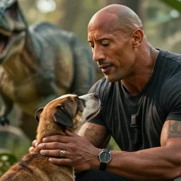 Film still close-up shot of Dwayne Johnson petting a dinosaur in the movie Jurassic Park. Dwayne Johnson. Photographic, photography