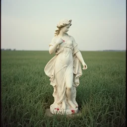 blood dripping marble statue in a field of grass, film photo, soft lighting album cover, nostalgia, gradient