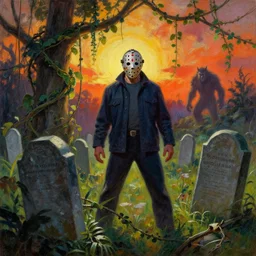 jungle vines, jason voorhees in the big graveyard gravestones, with werewolf monster in far background, backlight, sunset, oil painting landscape by frazetta
