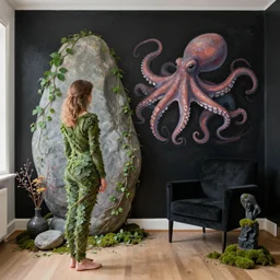 a pathology student in her apartment, wrapped in vines, large stones, octopus, black walls, ikebana, black armchair, sculpture, moss, acrylic on canvas, surrealist, by magritte and monet