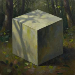 An oil painting of a cube in a forest by Craig Mullins, dramatic lighting, realistic shadows, establishing shot, extremely high detail, artstation