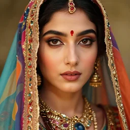 close up portrait shot of a beautiful indian princess wearing flowing colourful clothes, highly detailed face, detailed eyes, alphonse mucha, rhads, ross tran, artstation, artgerm, octane render, 1 6 k