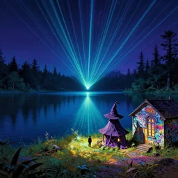 nature by odile decq, tron atlantis synthwave lake dramatic lighting sunlight studio ghibli laser myst nightsky thermal imaging, obscure witch den in miniature, graffity walls, in the style of beksinski and edward hopper