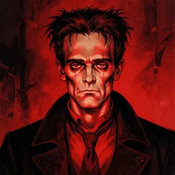 frankenstein, in the style of beksinski, red, black, glowing, vibrant, chiaroscuro, high detail, perfect artwork, clean lines