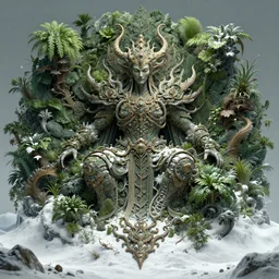 ancient fallen god, lush trunda vegetation, snow :: by Michal Karcz, Daniel Merriam, Victo Ngai and Guillermo del toro :: ornate, dynamic, particulate, intricate, elegant, highly detailed, centered, artstation, smooth, sharp focus, octane render, 3d