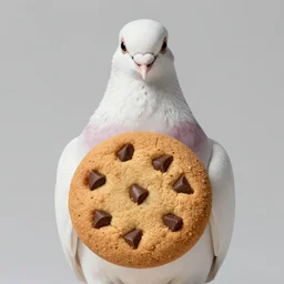 close up studio photograph of a pigeon that is dressed as a chocolate chip cookie