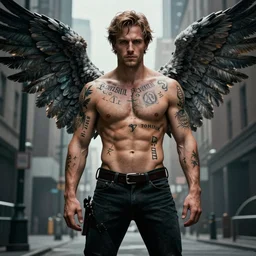 handsome Sam Winchester as a muscular angel wings wide open whole body tattooed with runes and religious symbols, urban fantasy romance book cover, D&D!, fantasy style, sharp focus!, ultra detailed, art by Artgerm and Peter Andrew Jones, WLUP