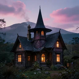 a spectacular witch house with a lighted window sand smoking chimney in a woodland, mysty mountain in the background, evening mood, pink clouds in the sky, by clive madgwick