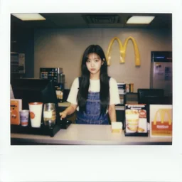nayeon working the front counter of mcdonald's ready to take your order, eighties polaroid, flash photography, photorealistic, kodachrome
