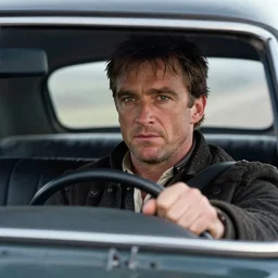 a wide angle movie still from braveheart 1 9 9 5 showing mel gibson driving a car, close - up face, shot on celluloid with panavision cameras, panavision lenses, 3 5 mm film negative width, anamorphic projection format, critically acclaimed, oscar winning practical effects