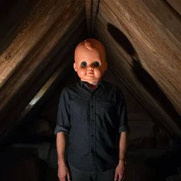 dark attic with the man with a doll head