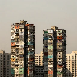 close - up towers made up of colourful squatter housing, bleached colours, plain uniform off white sky, dystopia, mamiya, very detailed, ultra sharp, photographed by john chiara