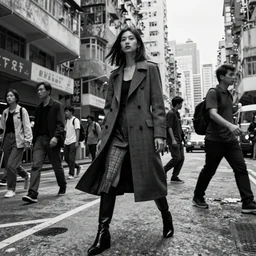 fashion editorial in hong kong riot. wide angle shot. highly detailed.