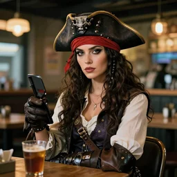 a high quality portrait of a beautiful female pirate in a cyberpunk cafe realism 8k