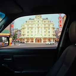 fuji 5 0 r, 3 5 mm ; film still of blade runner car interior with front seat side window view ; in background a projection of beautiful hyperrealistic film still from ronin ( 1 9 9 0 ) negresco hotel vista scene directed by wes anderson with a street in style of 1 9 9 0 s frontiers in miniature porcelain kintsugu design magazine seinen manga edition, real - life seinen manga porcelain sci - fi font izakaya sign, highly detailed, cinematic lighting, 8 k
