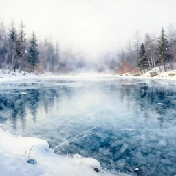 watercolor painting of crystal clear ice lake, reflective, crisp winter, fog and snowing, ambient lighting, art by jesper ejsing