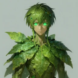 a realistic anime portrait of a male dryad with glowing green eyes wearing clothes made of huge leaves, digital painting, by stanley artgerm lau, sakimichan, wlop and rossdraws, digtial painting, trending on artstation, deviantart