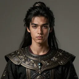 young jaden smith as ancient libu, black hime haircut, broad collar, intricate, elegant, highly detailed, digital painting, artstation, concept art, smooth, sharp focus, illustration, orientalism, bouguereau, rutkowski, mucha