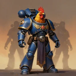 hybrid of a chicken and a tech priest, cybernetic enhancements attached to his body, praise the omnissaiah, zdzislaw beksinski, lewis jones, mattias adolfsson, warhammer 4 0 k!!, cold hue's, warm tone gradient background, concept art, digital painting