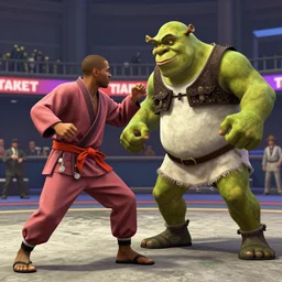 trevor philips on a kimono fights shrek the ogre wearing a suit in an arena, gta v style,