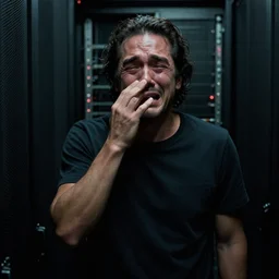 danny trejo crying in a server room, realistic, moody grindhouse, dark