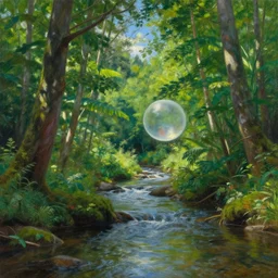 bubblegum in the woods by a stream, river gorgeous lighting, lush forest foliage blue sky a hyper realistic painting by chiara bautista and beksinski and norman rockwell