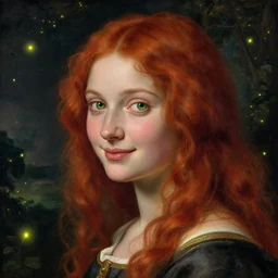 sharp, intricate fine details, breathtaking, digital art portrait of a red haired girl with green eyes softly smiling in a dreamy, mesmerizing scenery with fireflies, art by artemisia gentileschi