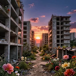 a beautiful very detailed highly detailed city abandoned nature alley urbex unfinished building by alvaro siza ( alvaro siza vieira ), sunlight sunset at night retrowave at dusk magic realism alien bladerunner 2 0 4 9 hyperrealism flowers dramatic lighting nightsky, archdaily, wallpaper, highly detailed, trending on artstation.
