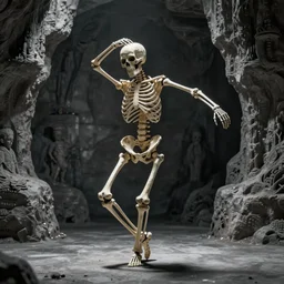 a skeleton dancing without a care, artistic photography, f stop, iso, gray dungeon background, very realistic, action shot, touching sad photo